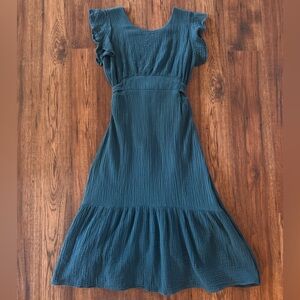 Teal Cotton Gauze Midi Dress Tie Waist Boho Prairie Cottagecore Women’s Size S